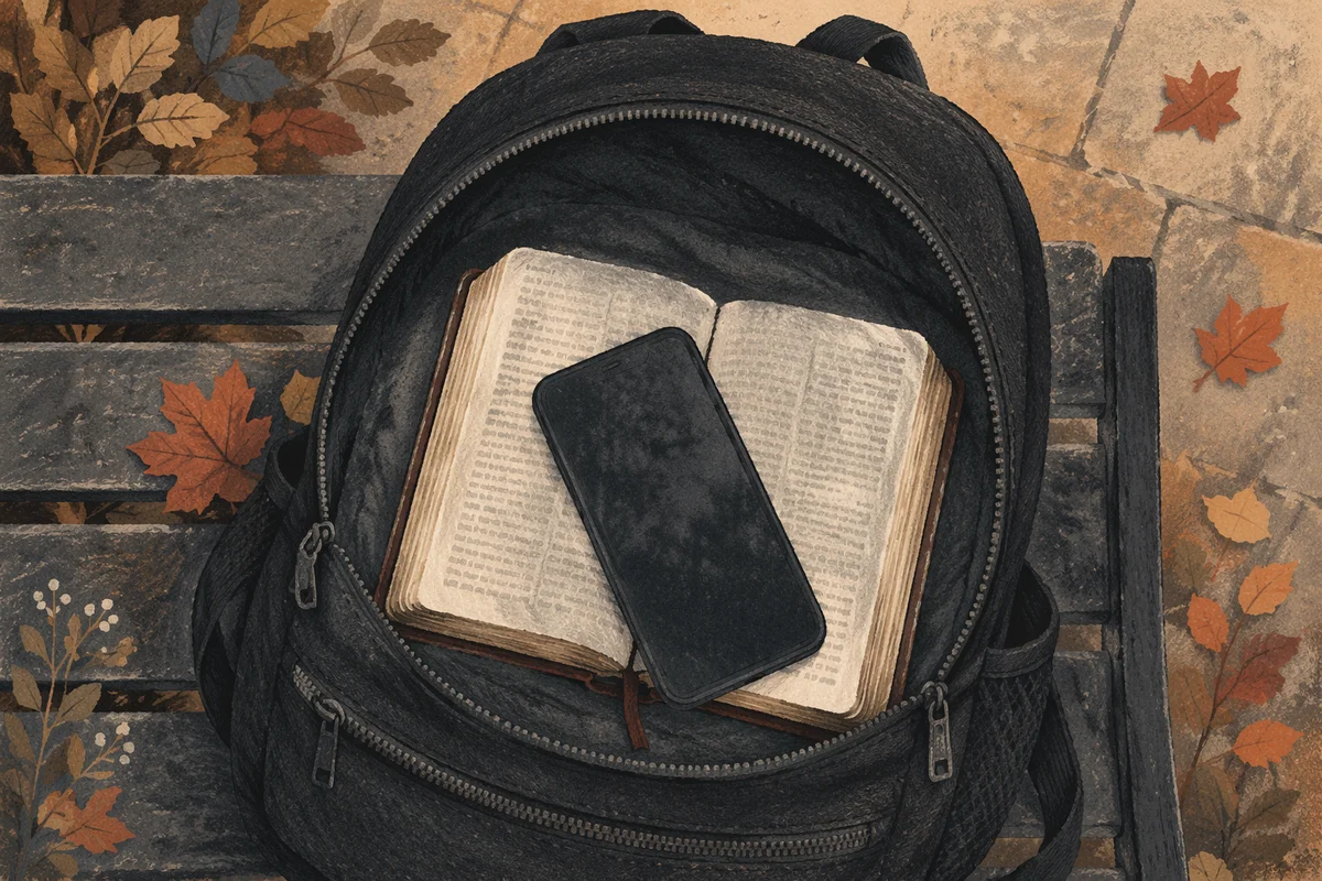 Bible in Backpack on Campus Bench