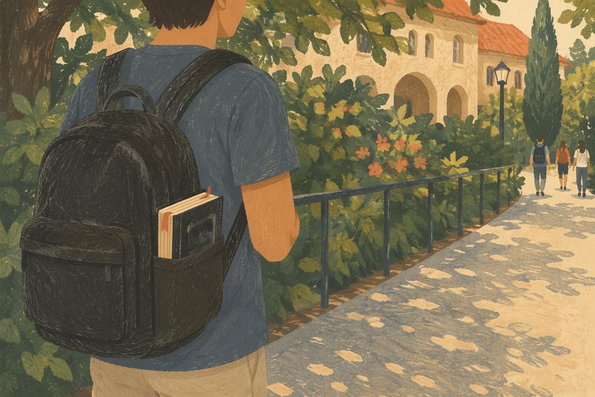Bible in Backpack on University Walkway