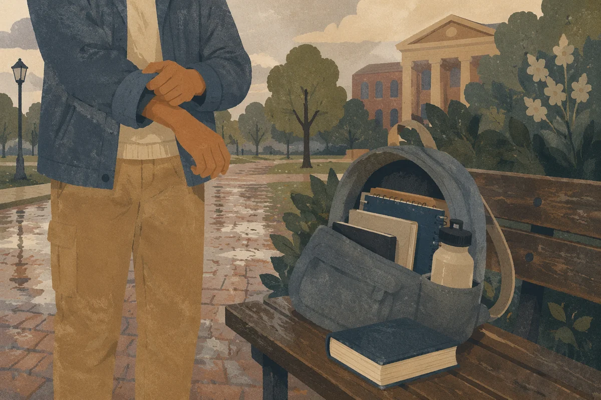 Bible in Backpack on Rainy Campus Morning