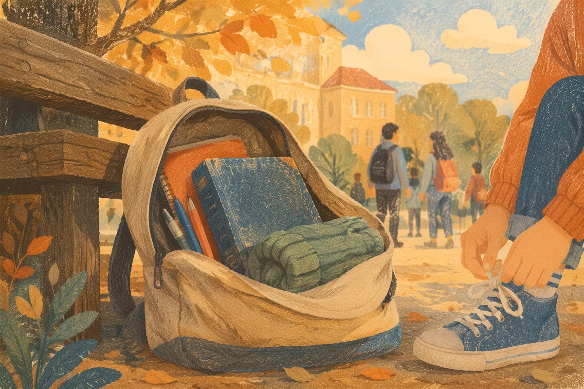 Bible in Backpack on Autumn Campus
