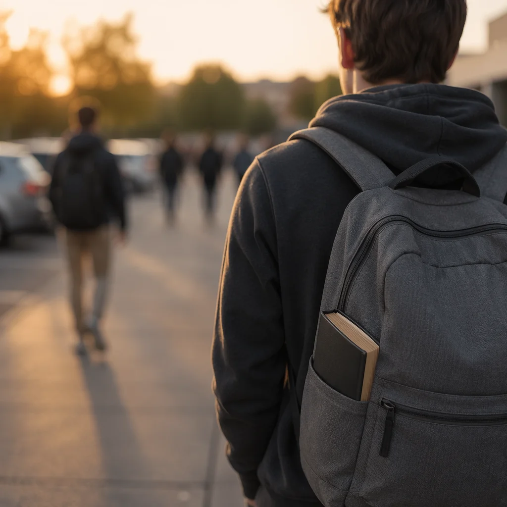 Student Backpack Bible on Campus at Golden Hour