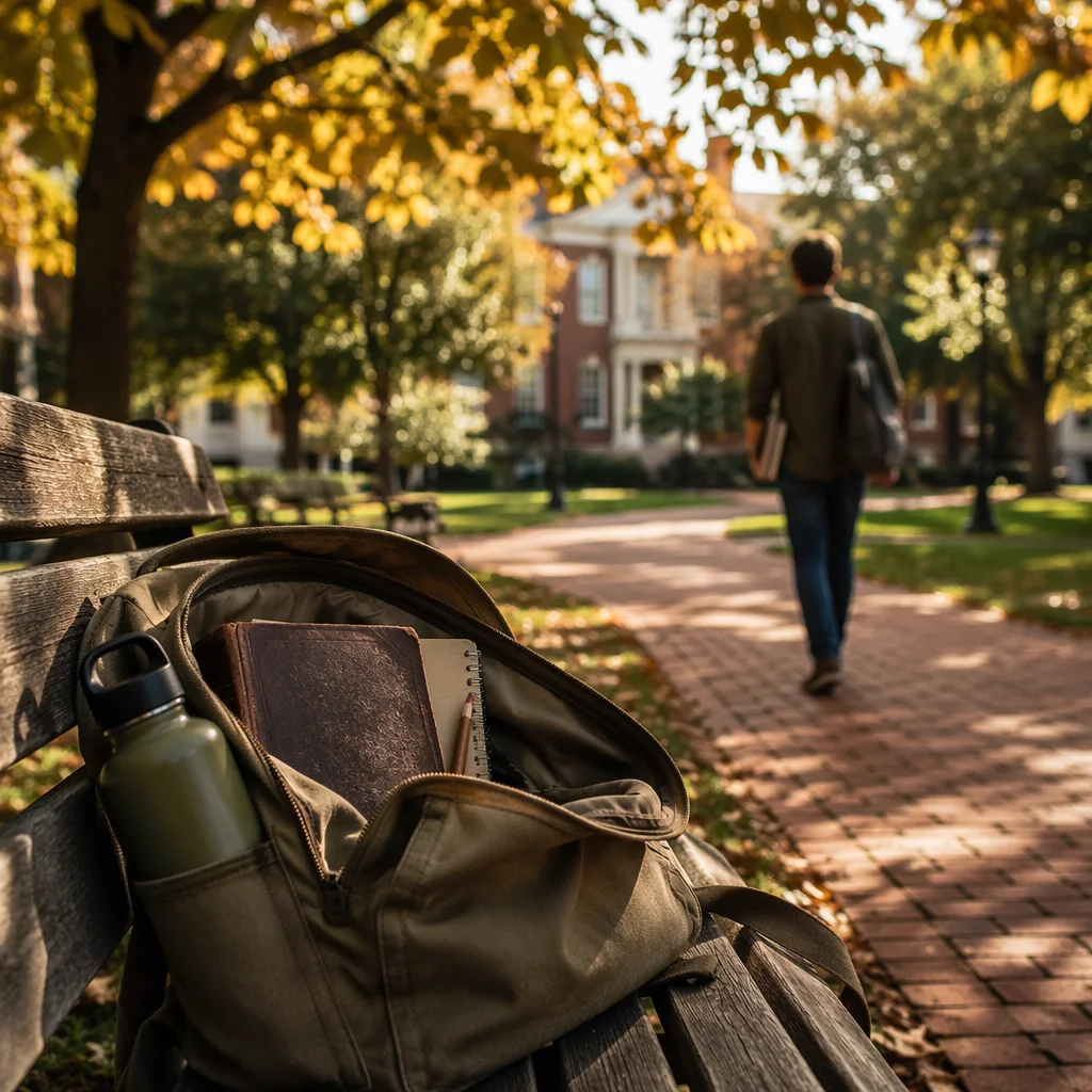 Bible in Backpack on Autumn Campus