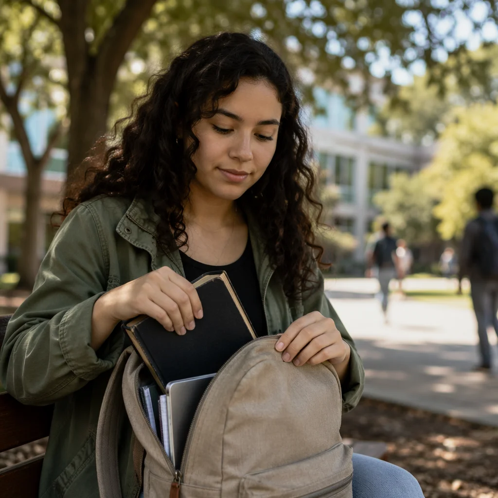 Student Opening Backpack on Campus Bench