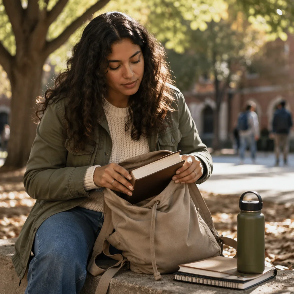 College Student Opening Backpack on Campus