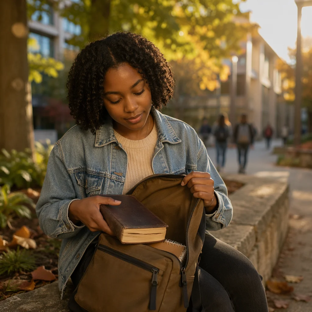 Student Opening Backpack on Autumn Campus