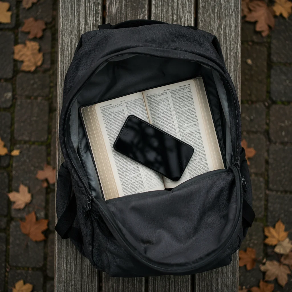Bible in Student Backpack on Campus