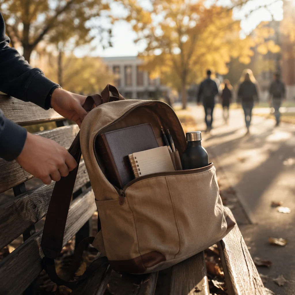 Bible in Backpack on Autumn Campus