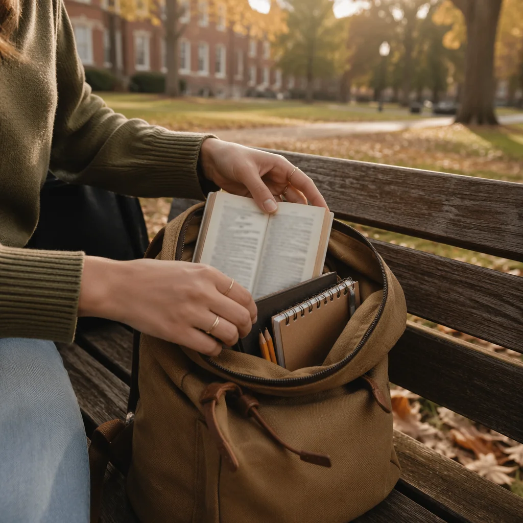Student Tucking Bible Into Campus Backpack