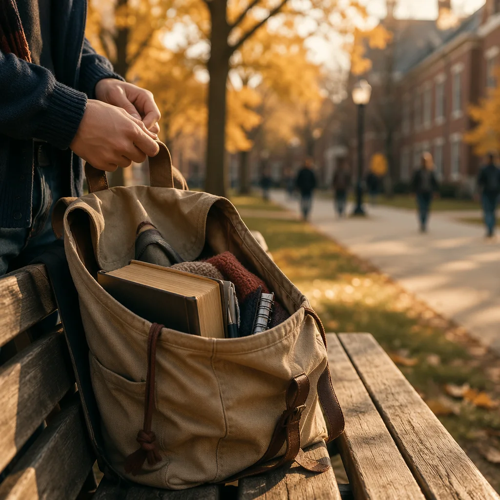 Bible in Backpack on Autumn Campus