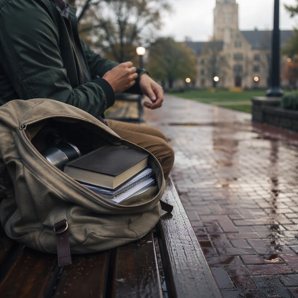 Bible in Backpack on Rainy Campus Morning