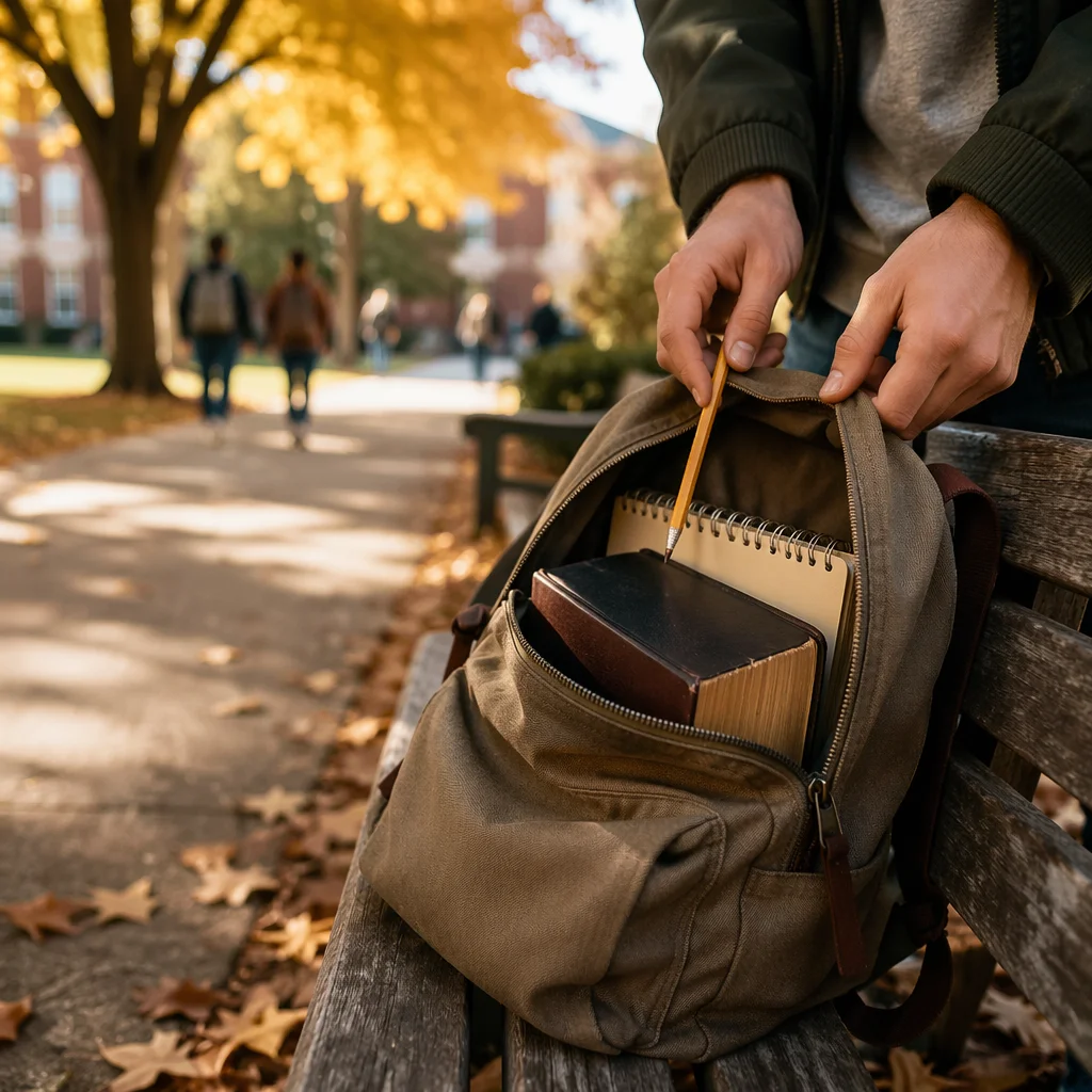 Bible in Backpack on Autumn Campus