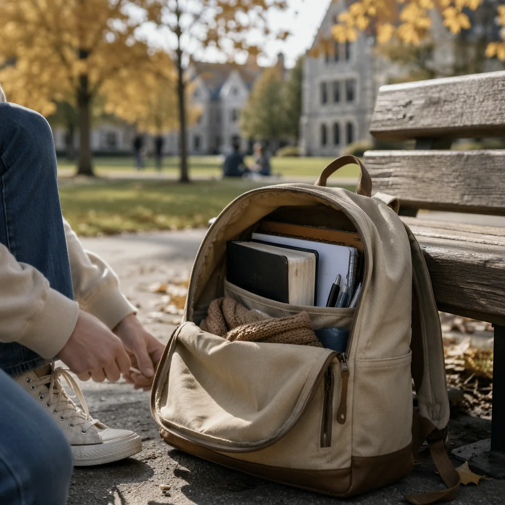 Bible in Backpack on Autumn Campus