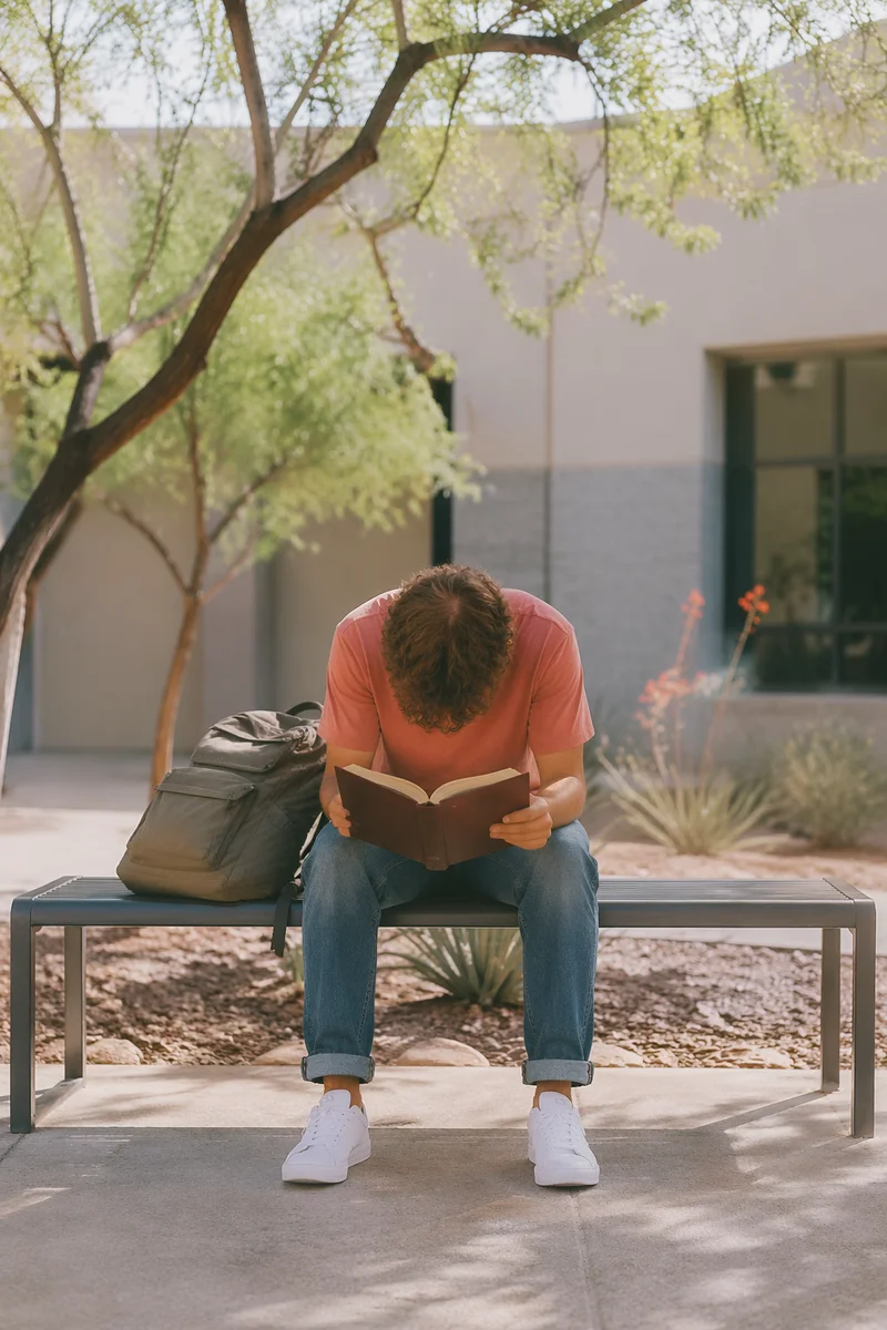 Student Reading Bible in Campus Courtyard