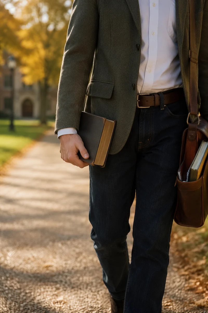 Campus Student Carrying Bible on Autumn Path