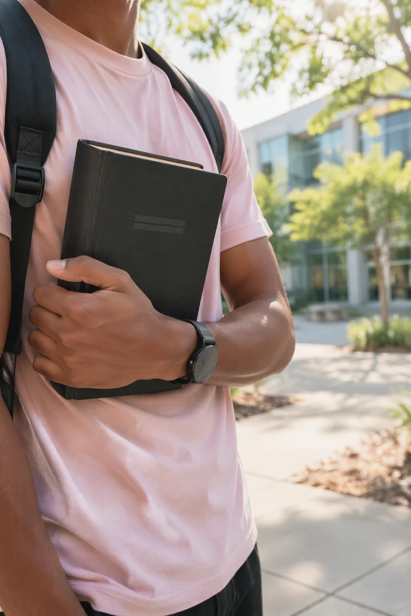 Student Holding Bible on Modern Campus