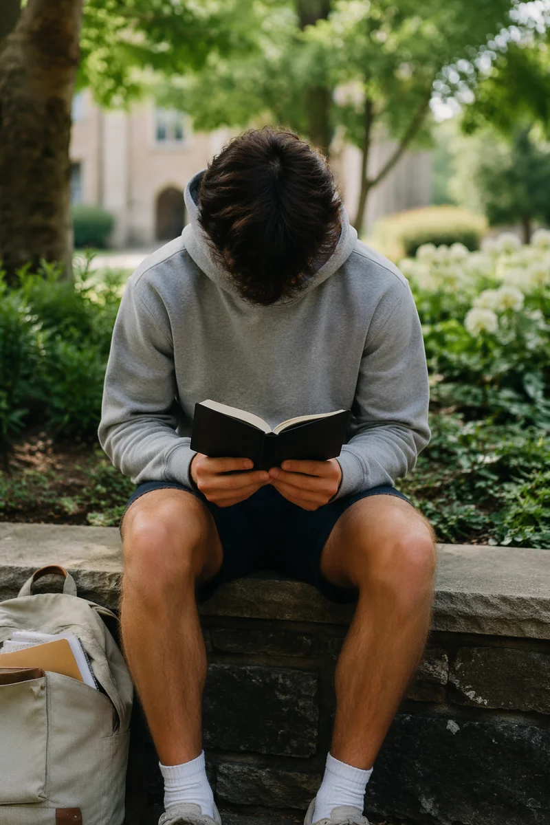 Student Reading Bible in Campus Garden