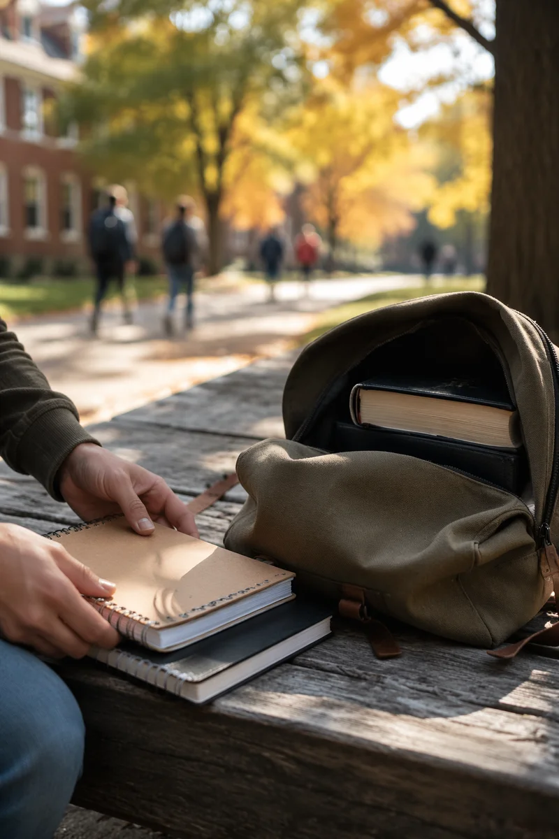 Bible in Backpack on Autumn Campus