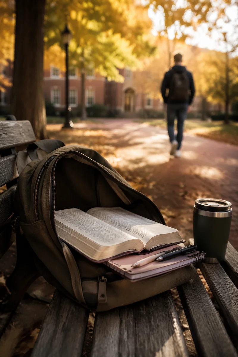 Bible in Backpack on Autumn Campus