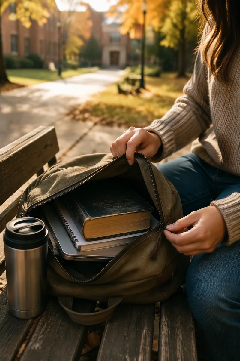 Bible in Backpack on Autumn Campus