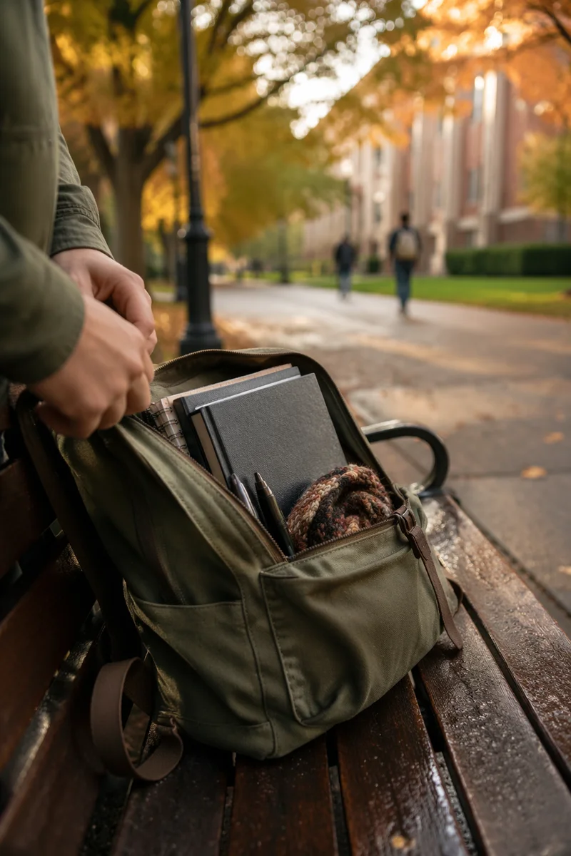 Bible in Backpack on Autumn Campus