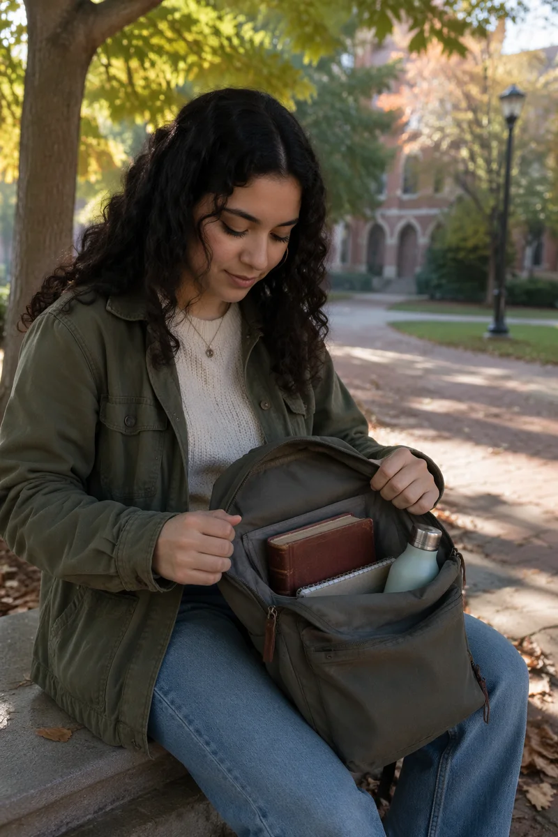 College Student Opening Backpack on Campus