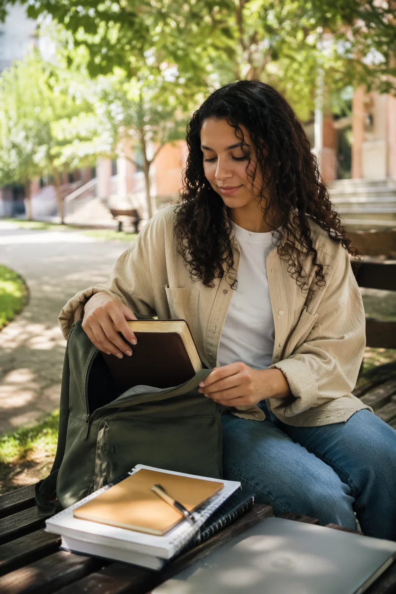College Student Opening Backpack on Campus Bench