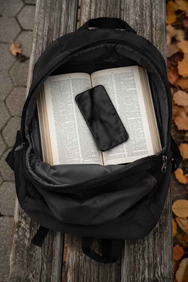 Bible in Backpack on Campus Bench