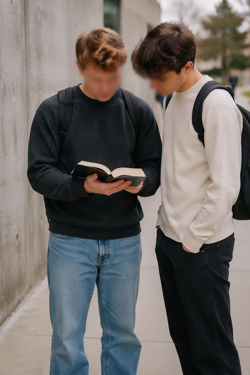 Students Sharing a Bible on Campus