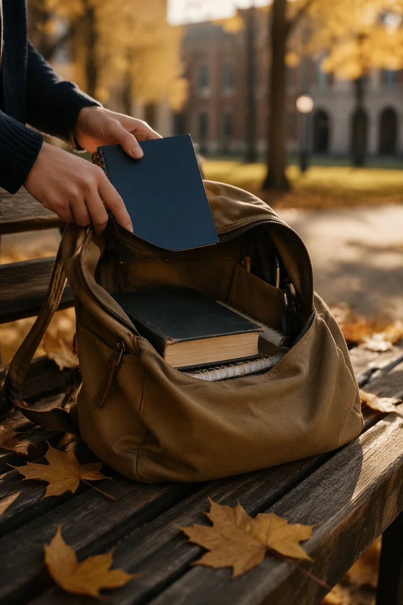 Bible in Backpack on Autumn Campus