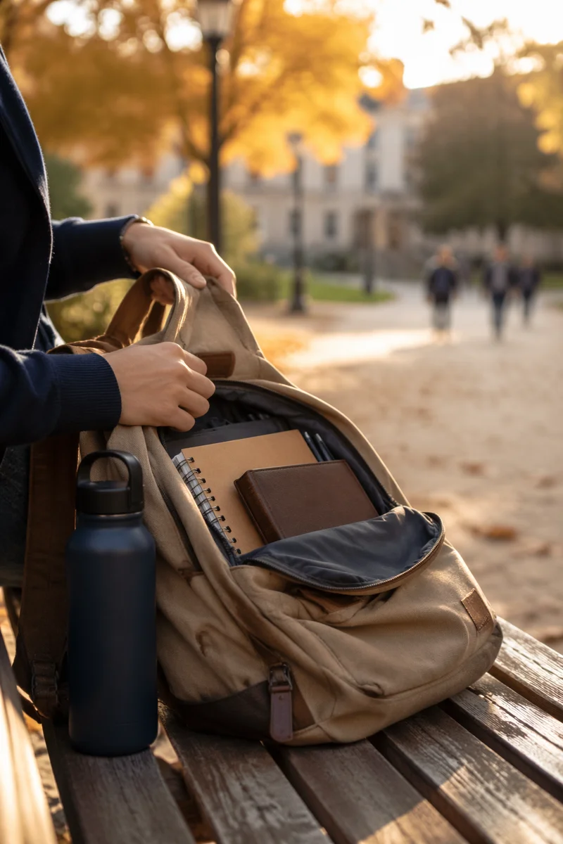 Bible in Backpack on Autumn Campus