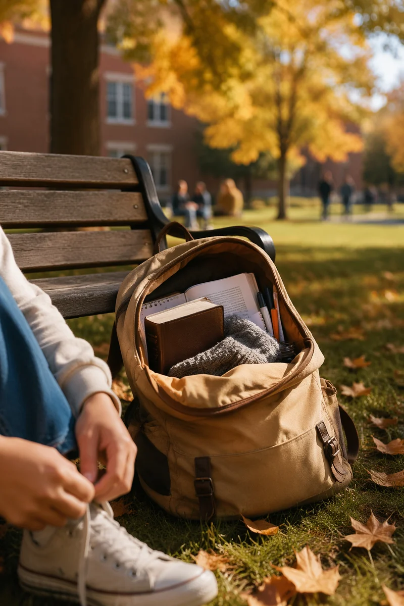 Bible in Backpack on Autumn Campus
