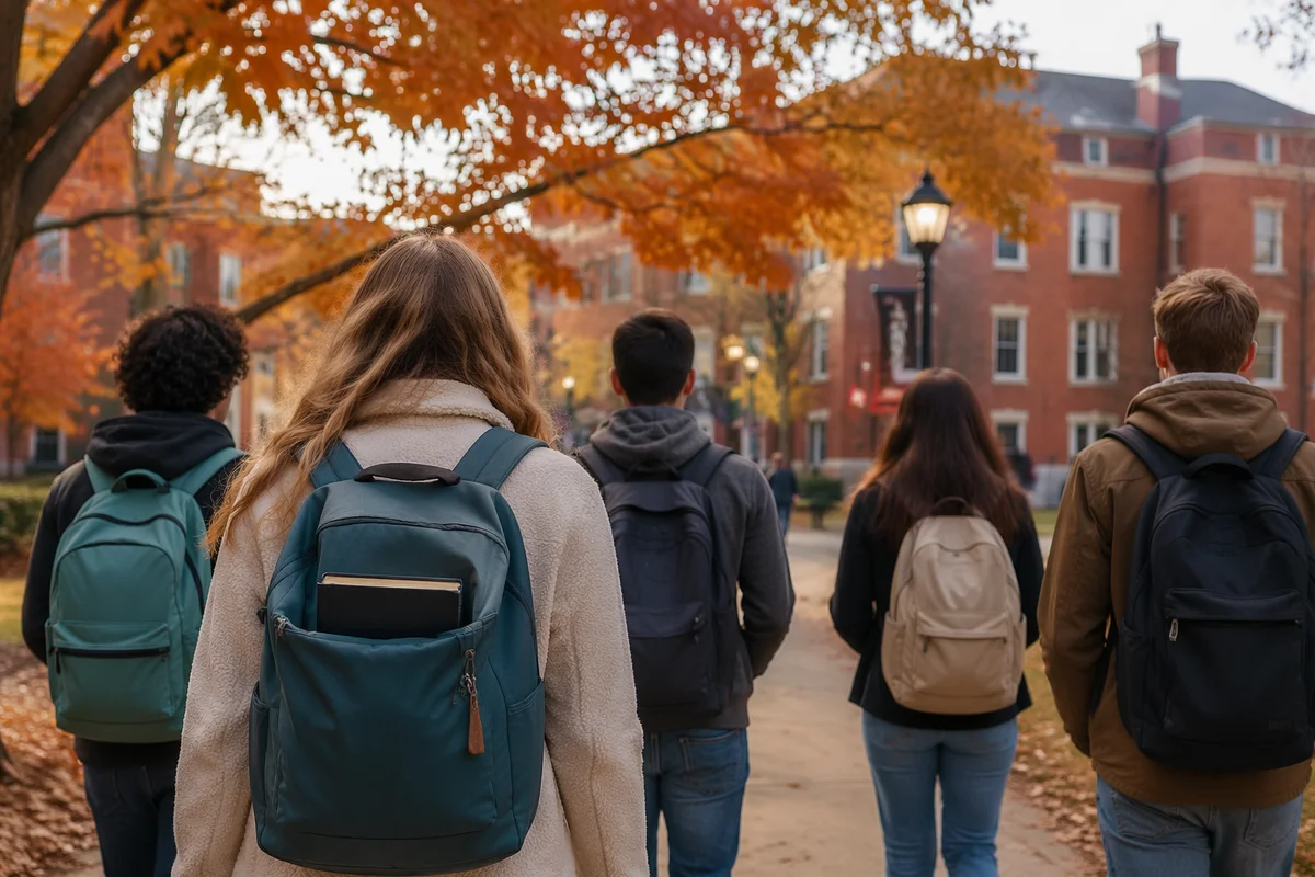 Bible in Backpack on Autumn Campus