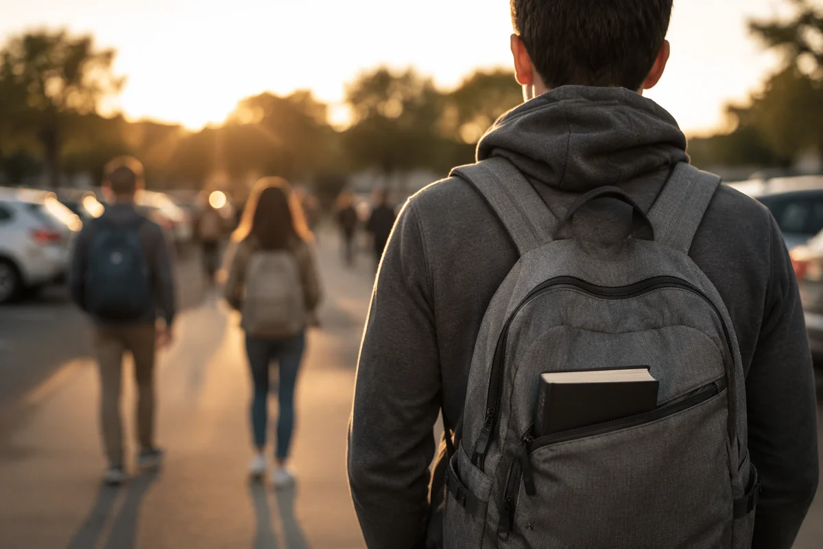 Student Backpack Bible on Campus Walk