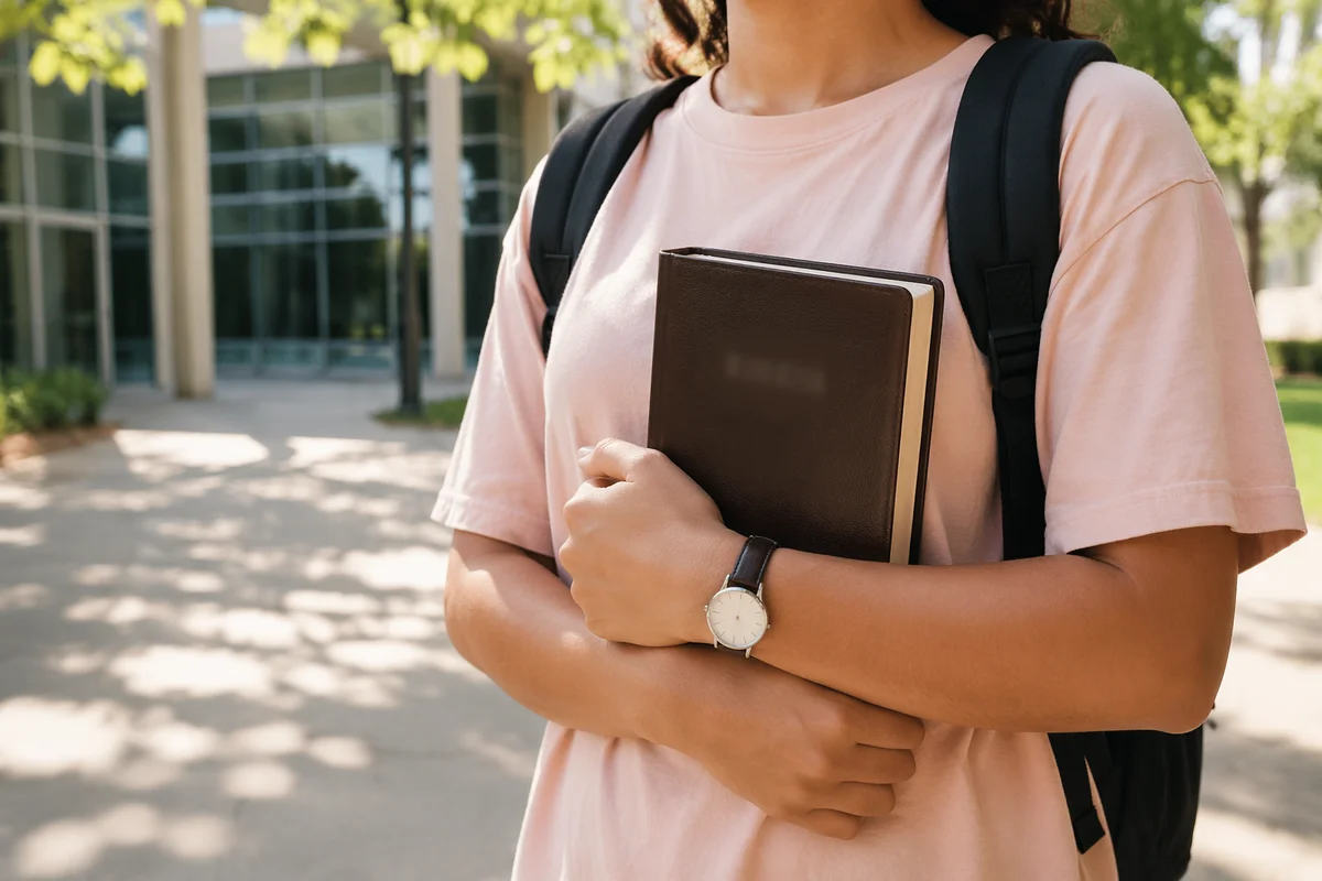 Student Holding Bible on Modern Campus