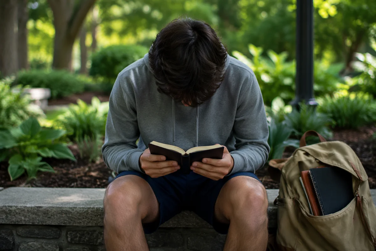 Student Reading Bible in Campus Garden