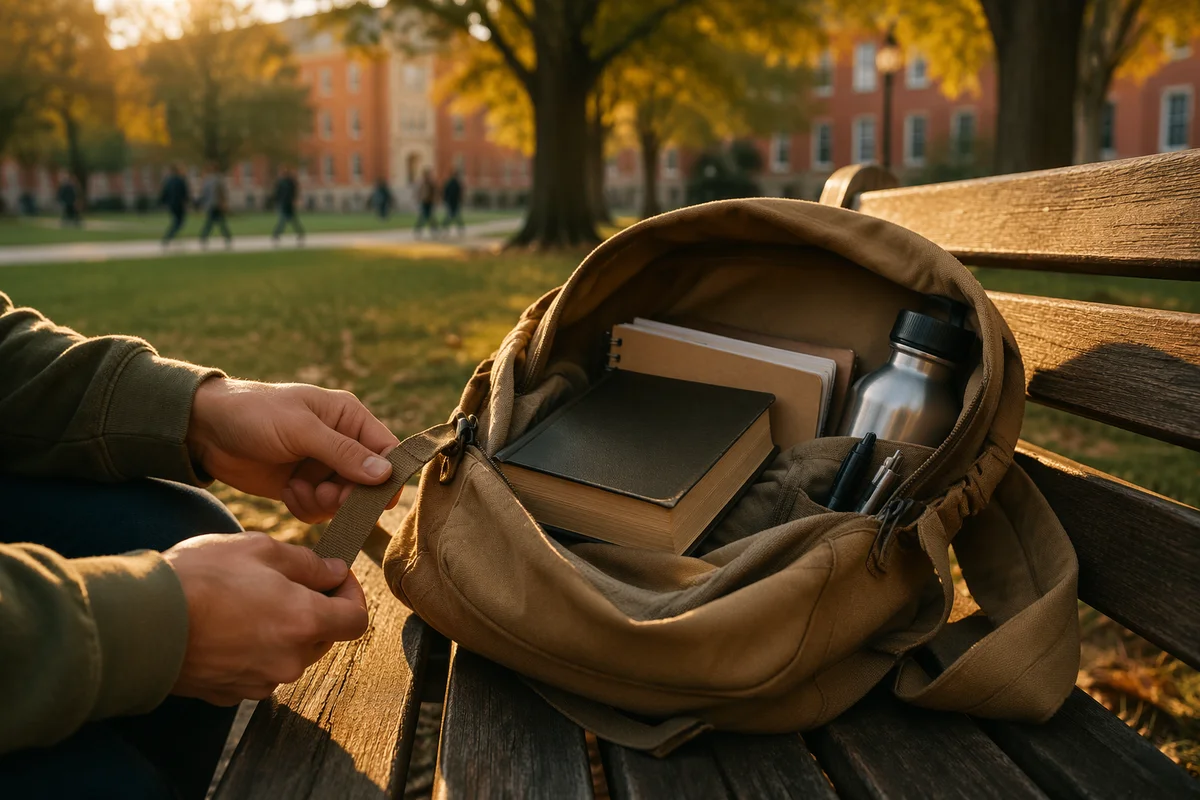 Bible in Backpack on Autumn Campus