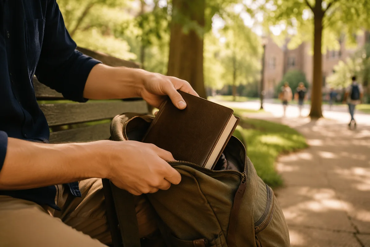 Student Packing Bible on Campus Bench