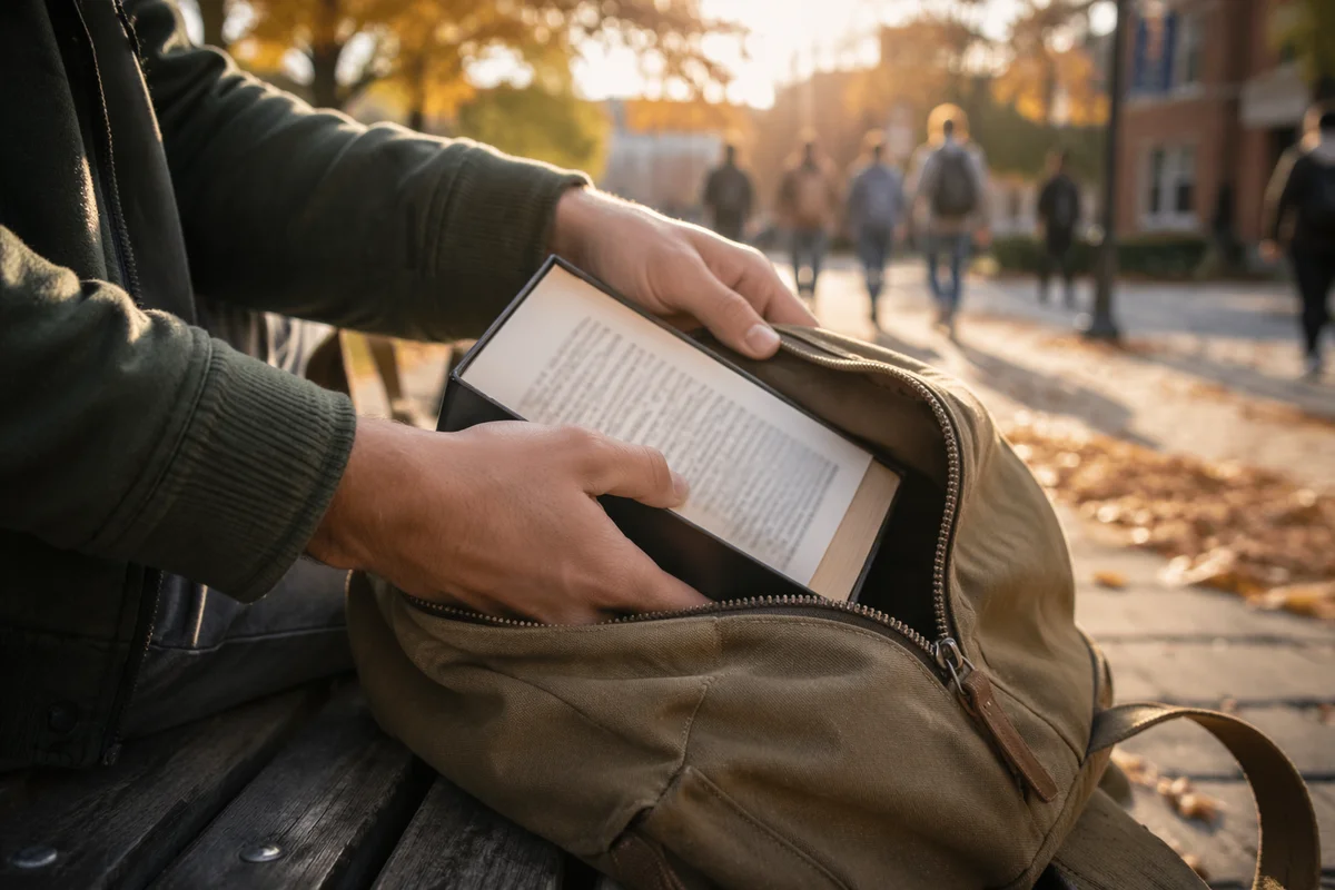 Student Placing Bible in Campus Backpack