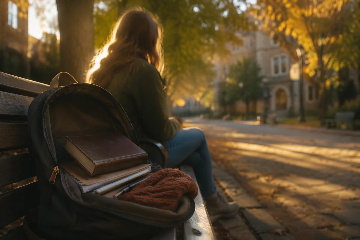 Bible in Backpack on Autumn Campus