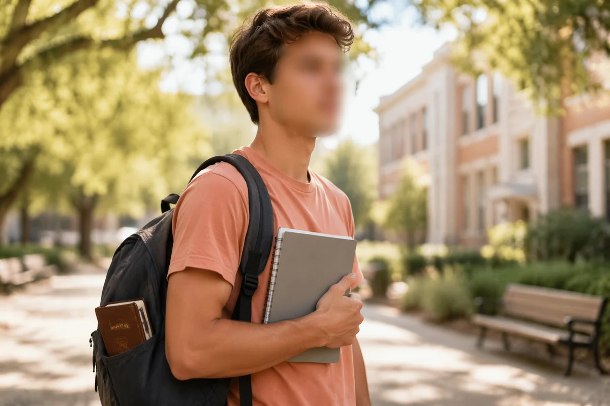 Campus Student Carrying Bible in Backpack