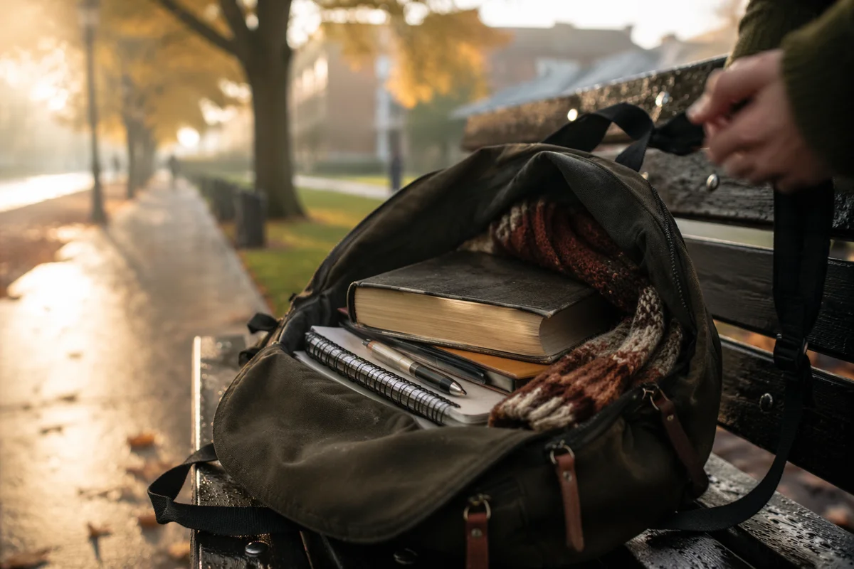 Campus Backpack with Bible on Autumn Bench