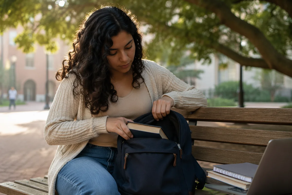 College Student Opening Backpack on Campus Bench