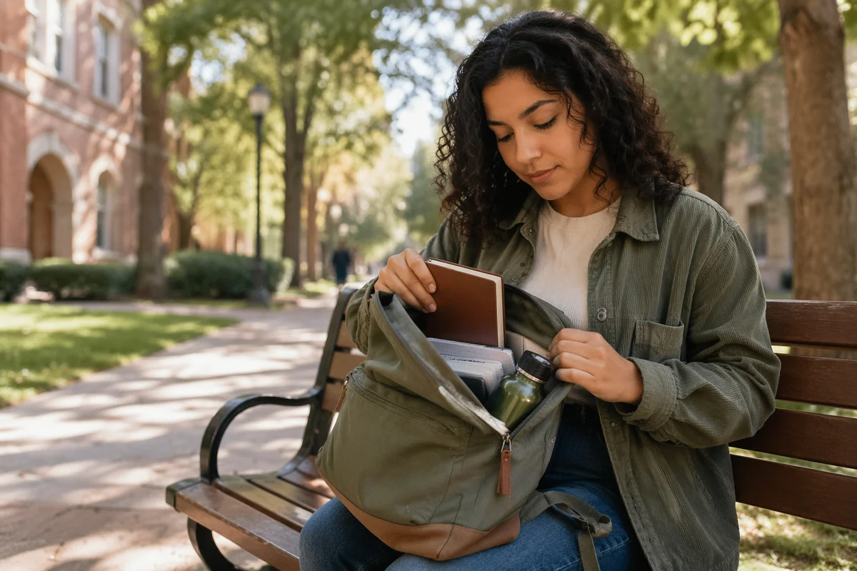 College Student Opening Backpack on Campus Bench