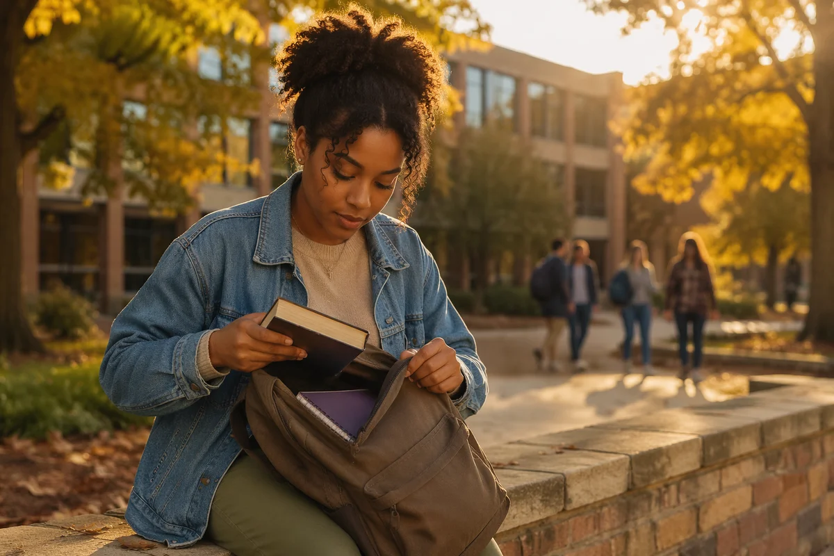 Student Opening Backpack on Autumn Campus