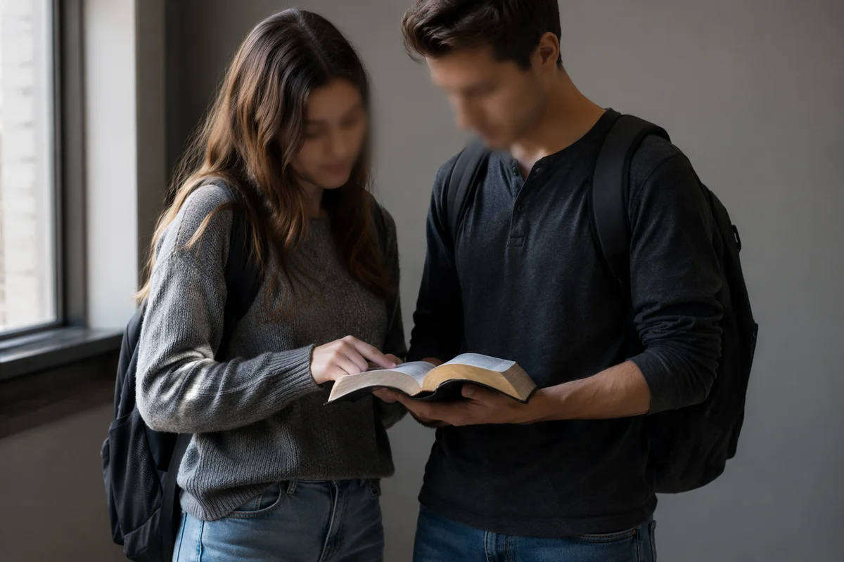 College Students Reading Bible in Campus Hallway