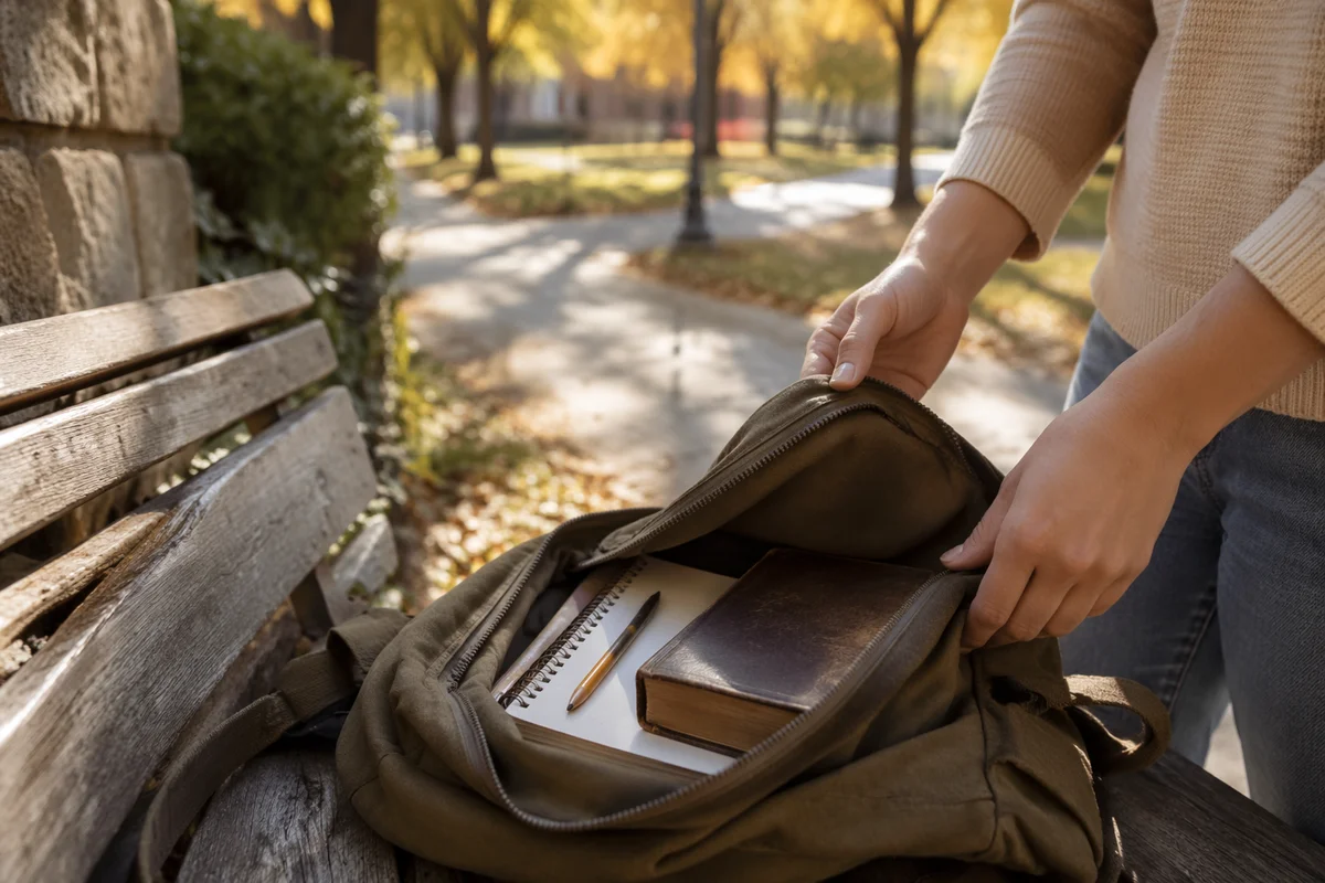 Bible in Backpack on Autumn Campus Bench