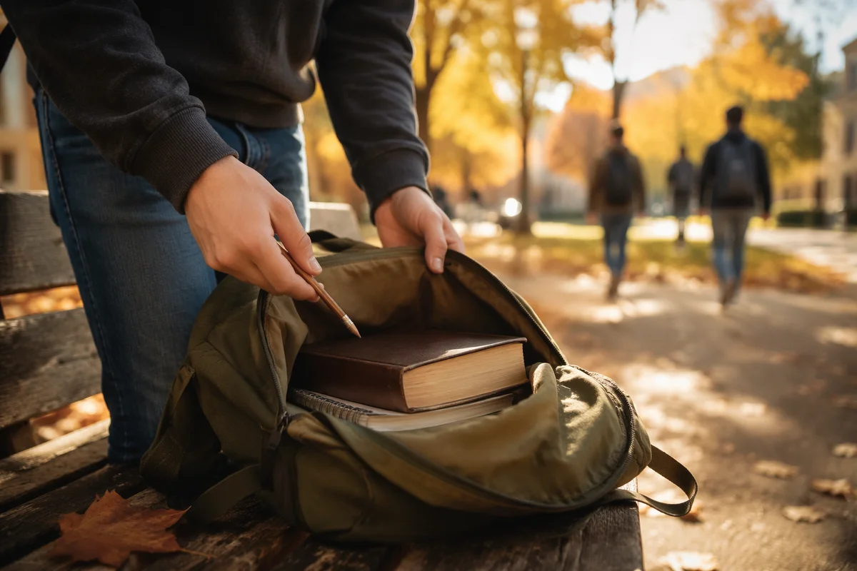 Bible in Backpack on Autumn Campus