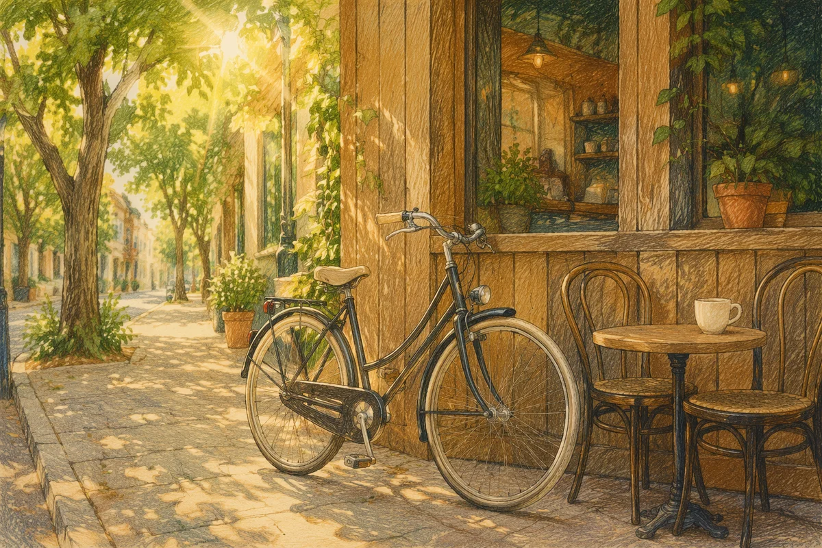 Sunny Morning Bicycle Outside Neighborhood Cafe