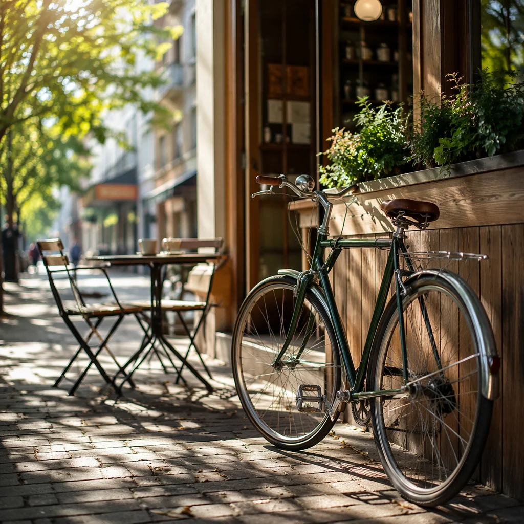 Vintage Bicycle Outside Sunny Neighborhood Cafe