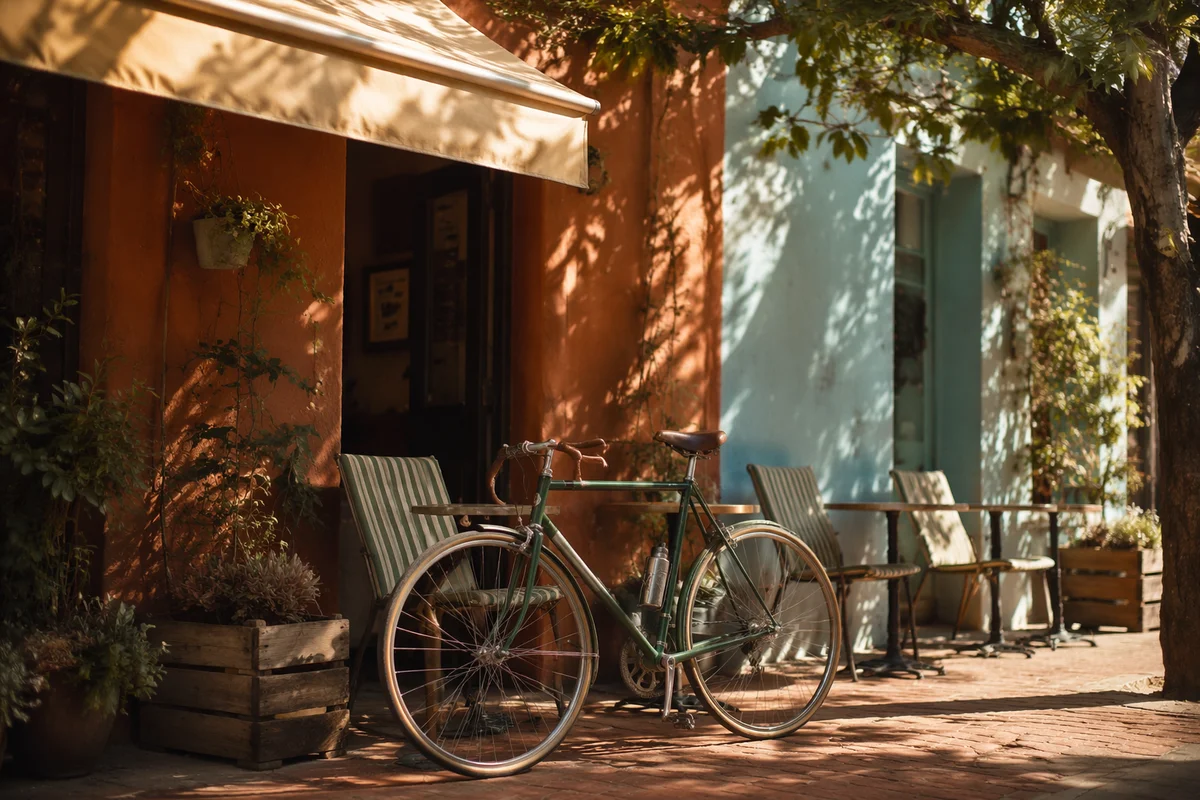 Vintage Bicycle Outside Sunny Neighborhood Cafe